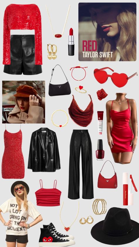 Red Taylor Outfits, Red Album Inspired Outfits, Red Ears Tour Outfit, Taylor Swift Outfits Concert Red, Eres Tour Outfits, Eras Red Outfit, Taylor Red Era Outfit, Red Outfit Inspo Taylor Swift, Taylor Swift Outfit Inspiration Red