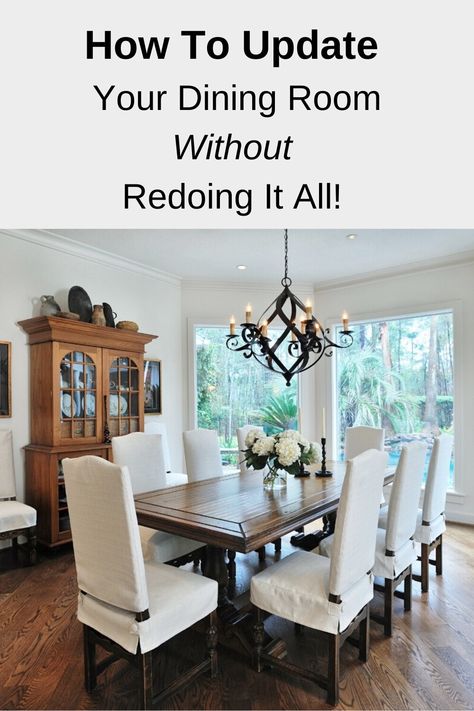 How To Update Your Dining Room Without Redoing It All Essen, Dining Room Chair Covers Slipcovers, Updating Dining Room Chairs, Traditional Dining Room Update, Dining Room Lighting Over Table Traditional, Traditional Dining Table Decor, Light Brown Dining Room, Updated Traditional Dining Room, Traditional Dining Room Chairs