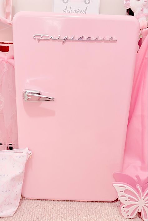 Pink Mini Fridge Aesthetic, Office Dog Room, Mini Fridge Pink, Pink Mini Fridge, Hangout Room Ideas, Goth Apartment, Pink Refrigerator, Pink Fridge, Dream Wishlist