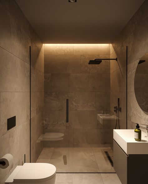 Square Bathroom Ideas Interior Design, Stone Colored Bathroom, Brown Guest Bathroom, Bathroom Ideas Square Room, Small Bathroom Ideas Moody, Natural Spa Bathroom Ideas, Natural Colors Bathroom, Natural Stone Bathrooms, Light Stone Bathroom