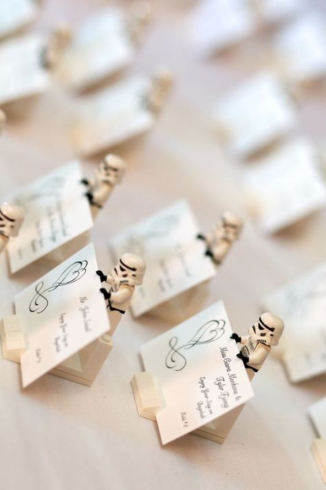 Business Card Holder: 47 Cool Designs to Inspire You | iBrandStudio Lego Wedding, Star Wars Wedding Theme, Nerd Wedding, Place Holders, Big Lego, Geeky Wedding, Nerdy Wedding, Lego Display, Geek Wedding