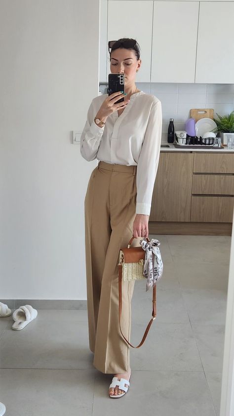 White Blouse Formal Outfit, Cream Shirt Outfit Women Work, How To Style Beige Formal Pants, White Pants And Brown Top Outfit, White Top Beige Pants, Silk Fit Pants, Beige Trousers Work Outfit, Beige Silk Shirt Outfit, Cream Loose Pants Outfit