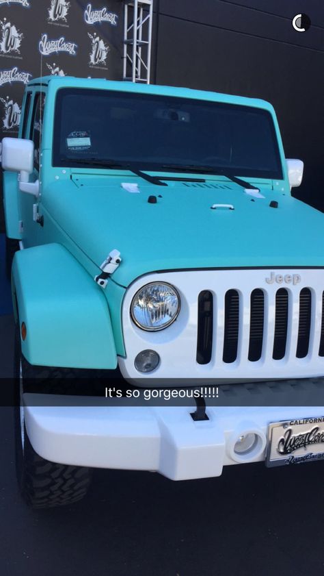 Jeffree Star's custom matte tiffany blue Jeep White Jeep Wrangler With Teal Accents, Blue Jeep Aesthetic, Turquoise Jeep Wrangler, Blue Jeep Wrangler Aesthetic, Tiffany Blue Jeep, Turquoise Jeep, Tiffany Blue Car, Auto Jeep, White Jeep