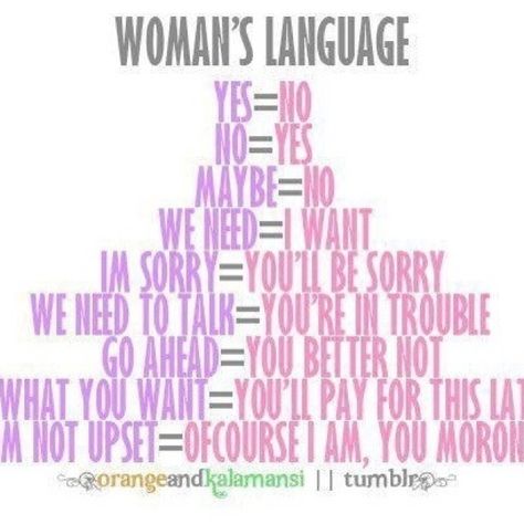 Yes= No. No= Yes. Maybe= No. We Need= I Want. I'm Sorry= You'll Be Sorry. We Need to Talk= Ur in Trouble. Go Ahead= You Better Not. Do What You Want= You'll Pay for This Later. I'm Not Upset= Ofcourse I Am, You Moron. Jane Austen, Humour, Women Logic, Girl Logic, Understanding Women, Women Facts, What Do You Mean, Do What You Want, Go Ahead