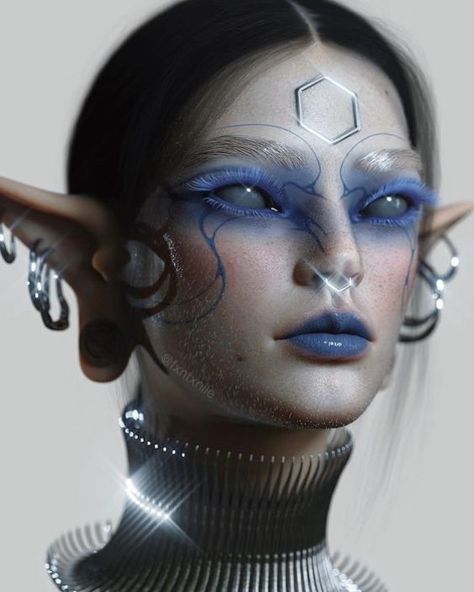 Top 10 Alien Halloween Makeup Looks For Unearthly Elegance Alien Futuristic Aesthetic, Mecha Makeup, Futuristic Fashion Makeup, Alien Aesthetic Makeup, Futurecore Aesthetic, Demon Makeup Scary, Dystopian Makeup, Sci Fi Fantasy Aesthetic, Cyberpunk Makeup Ideas