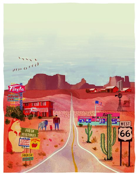 Road Trip Illustration Art, West Texas Aesthetic, Route 66 Aesthetic, Road Trip Drawing, Road Trip Illustration, Desert Images, Road Illustration, Wales Country, Country Illustration