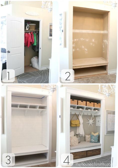 so much space in closet gets unused because it's not easily accessible... take doors off- reframe entire space and put in closet organizers???  need to do in ALL closets! Entryway Closet Makeover, Front Closet, Entry Closet, Entryway Closet, Casa Clean, Hemma Diy, Hall Closet, Diy Casa, Closet Makeover