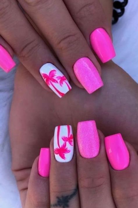 tropical nails, tropical nail designs, tropical nail ideas, summer 2024 Shorter Acrylic Nails Summer, Short Pink And Blue Nails, Hot Pink Dip Nails With Design, Summer Gel Nails Ideas 2024, Nail Art Summer 2024, Tropical Nail Art Hawaii, Bright Pink Nails With Design, Florida Nails Designs, Tropical Acrylic Nails