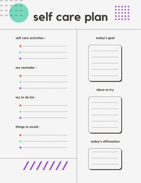 Worksheet with self care activities, daily reminders, to do list, things to avoid, todays goal, ideas and todays affirmation. Self Care Therapy Activities, Bullet Journal Ideas For Students, Journal Ideas For Students, Creative Bullet Journal Ideas, What Is Self Care, Self Care Activity, Counselor Activities, Self Care Plan, Bullet Journal Student