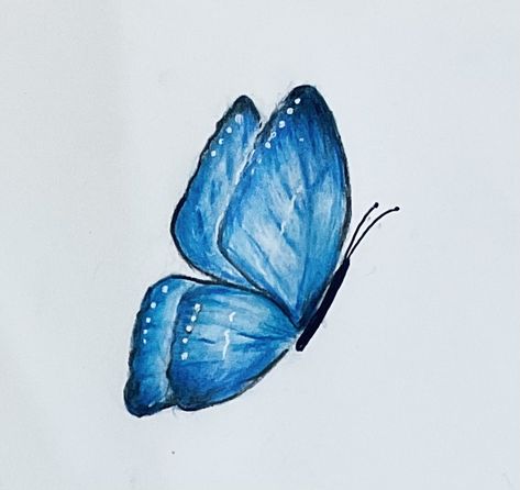 Blue Butterfly Drawing Easy, Blue Drawing Ideas, Butterfly Drawing Blue, Blue Drawings Aesthetic, Buterfly Drawing, Aesthetic Butterfly Drawing, Blue Butterfly Drawing, Blue Butterfly Painting, Blue Things To Draw