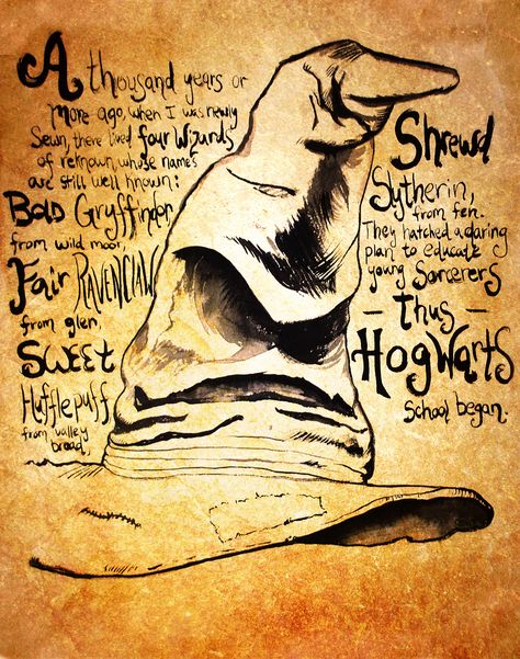 An Illustration of the sorting hat from the Harry Potter series, along with the sorting hat's poem. Sorting Hat Drawing, Classe Harry Potter, Harry Tattoos, The Sorting Hat, Harry Potter Sorting, Harry Potter Sorting Hat, Harry Potter Classroom, Harry Potter Illustrations, Harry Potter Wizard