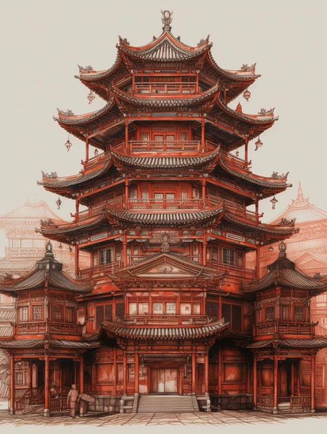 Japanese Ancient Architecture, Old Chinese Architecture, Asian Architecture Drawing, Chinese Ancient Architecture, Chinese Architecture Drawing, Japanese House Art, Japanese Temple Art, Chinese Castle, Asian Palace