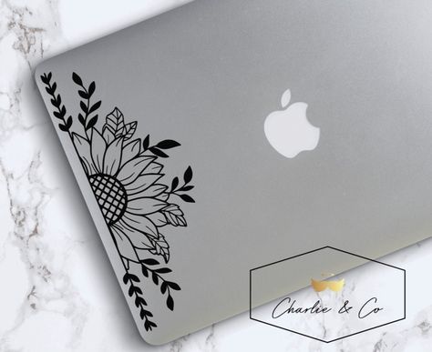 Sunflower Decal, Car Sticker Ideas, Half Sunflower, Vynil Ideas, Sunflower Sticker, Laptop Decoration, Fall Drawings, Computer Decal, Laptop Vinyl Decal