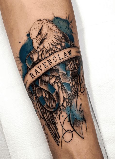 Harry Potter Crest Tattoo, Hogwarts House Tattoo, Ravenclaw Tattoo Harry Potter, Hogwarts Houses Tattoo, Hogwarts Crest Tattoo, Harry Potter House Tattoos, Harry Potter Tattoos Ravenclaw, Ravenclaw Tattoo Small, Ravenclaw Tattoo Ideas