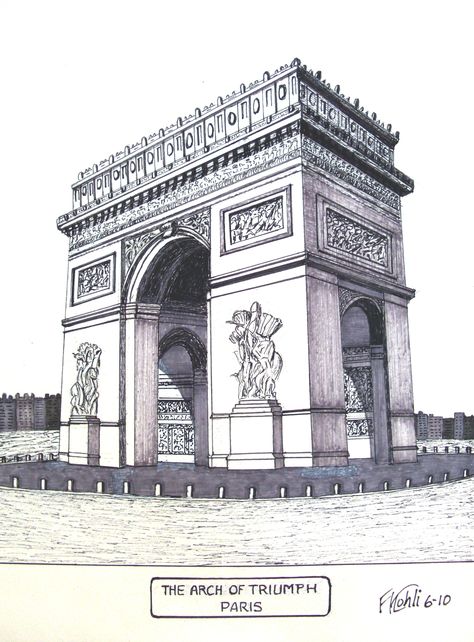 Pen and ink drawing by Frederic Kohli of the famous Arch of Triumph in Paris, France. Prints are available at http://frederic-kohli.artistwebsites.com. Famous Monuments Sketches, Famous Buildings Drawing Architecture, Drawings Of Famous Buildings, Famous Architecture Buildings Drawings, Famous Buildings Sketches, B Arch Drawings, France Drawing Sketches, Famous Building Sketches Architecture, Historical Buildings Drawing