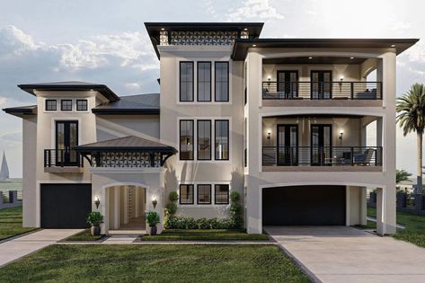 4-Bedroom Three-Story Southern Coastal Home with a Loft, Wet Bar, and Elevator (Floor Plan) - Home Stratosphere 3 Story Beach House Plans, Cmu Block, Block Foundation, Beach House Flooring, Casa Garage, Advanced House Plans, Southern Coastal, Beach House Plan, Mediterranean House Plan