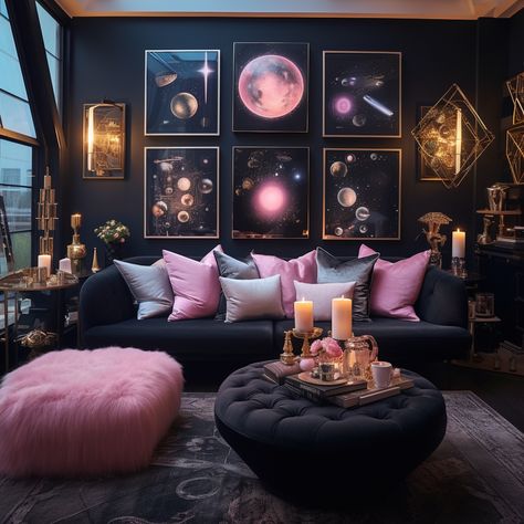 Romantic Living Room Decor Cozy, Gothic Glam Home Decor, Glam Maximalist Living Room, Black Pink Grey Living Room, Pink Celestial Bedroom, Office Room Apartment, Mystic Living Room, Pink Blue And Gold Living Room, Sapphire Room Aesthetic