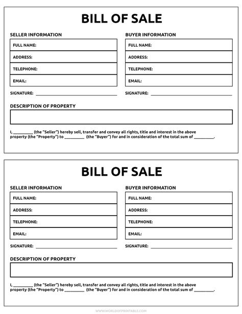 Printable Bill of Sale - World of Printables Bill Of Sale Template Free Printable, World Of Printables, Bill Of Sale Template, Bill Of Sale, Sale Template, Legal Advice, Small Print, A4 Paper, Letter Size