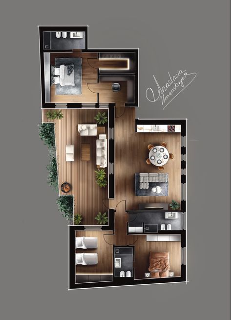 Floor plan. Sketch. Hand-drawn render Floorplan Rendering Photoshop, Procreate Floor Plan Render, Floor Plan Procreate, Architecture Floor Plan Render Photoshop, Render Floor Plan, Rendered Plans, Small Kitchen Plans, Floor Plan Sketch, Interior Architecture Sketch