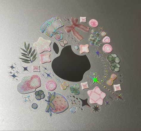 pink and green stickers on a clear macbook case Kawaii, Cute Macbook Case Laptop Covers, Clear Laptop Case With Stickers, Clear Macbook Case With Stickers, Ipad With Stickers Aesthetic, Macbook Cover Stickers Aesthetic, Laptop Case Decoration, Macbook Sticker Case, Macbook Case Decoration