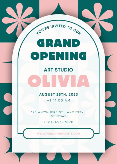 Flyer For Event, Brand Opening Poster, Events Flyer Design, Minimalist Event Poster, Arch Invitation Design, Re Opening Poster, Pop Up Event Poster, Brand Invitation Card, Pink And Green Graphic Design