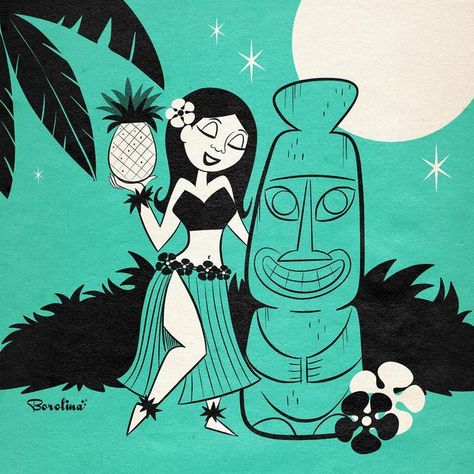 Cyn Barrera on Instagram: "Girl with pineapple 🍍  Swipe to see my inspiration, from the book “Tiki Pop” by Sven A. Kirsten 🍹   #hulagirl #hawaii #tiki #pineapple #tropical #southseas #moon #palmtrees #hawaiian #tikiidol #midcenturymodern #borolina #retroillustration #retro #50s #starburst #atomicera #midmod #mcm #cartoon #illustration #cynbarrera #landofatomic" Retro Illustrations, Pineapple Cartoon, Tiki Pop, Hawaii Tiki, Tiki Art, Atomic Era, Hula Girl, Mid Mod, South Seas