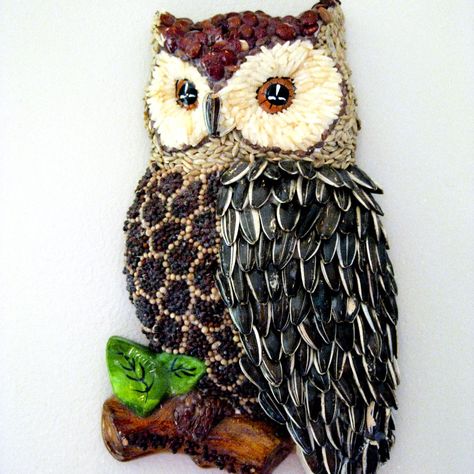 Beans & Seed Art – Take 2 | creativeartworksblog Seed Art Ideas, Seeds Art, Owl Mosaic, Seed Craft, Bean Art, Seed Art, Art Coquillage, Bean Seeds, Owl Crafts