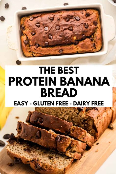 Protein banana bread is moist, fluffy and tastes just like real banana bread. A healthy breakfast or snack, this recipe comes together in one bowl and is a great use for overripe bananas. High protein banana bread is gluten free and dairy free and has 11 grams of protein per slice. Protein Banana Bread, Vegan Banana Bread Recipe, Protein Banana, Protein Baking, Pea Protein Powder, Gluten Free Protein, Protein Bread, Gluten Free Banana Bread, Protein Desserts