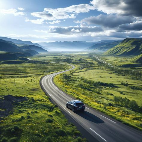 Car rides on a highway road in nature with mountains and forests in summer on journey. Landscape with a view from above royalty free stock photograp Nature, Drone Car Photography, Cars Landscape, Highway Landscape, Car On Road, Car On The Road, Nature Road, Road Landscape, Beautiful Adventure