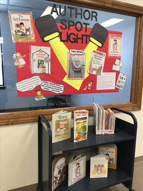 Author Spotlight children's library display Author Display Ideas, Author Spotlight Library Display, Library September Display, Author Spotlight Bulletin Board, New Book Library Display, Library Shelf Display Ideas, New Books Library Display, Author Bulletin Board Ideas, Author Spotlight Display