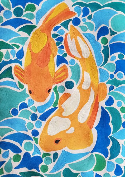 Drawing With Guash Easy, Canvas Painting Inspiration Aesthetic, Easy Painting Of Flowers, Cute Cat Painting Ideas, Cute Easy Paintings Ideas, Koi Fish Painting Gouache, Patchwork Painting On Canvas, Japanese Gouache Painting, Drawing Ideas Paint Markers