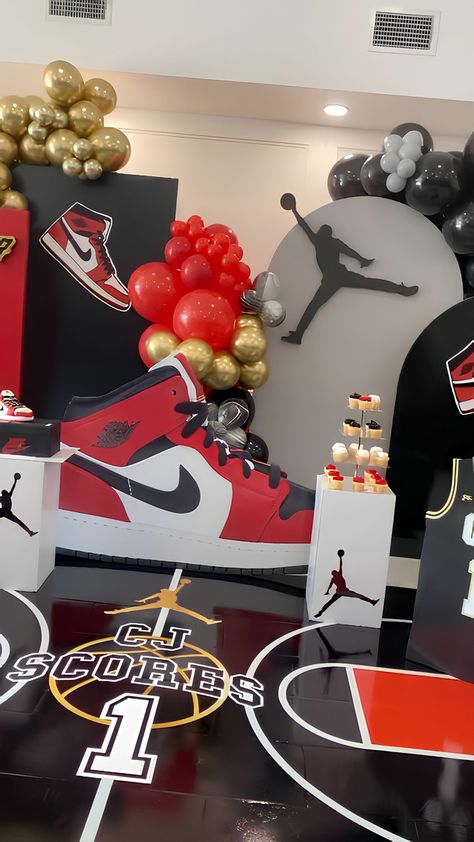 Jordan 1 Birthday Party, Jordan Bday Party, Air Jordan 1 Birthday Theme, Sneaker Theme Party Ideas Air Jordans, Jordan 1 Theme Birthday Party Ideas, Jordan 1st Birthday Party, Sneakers Centerpiece, Sneaker Theme Birthday Party, Nike Centerpieces