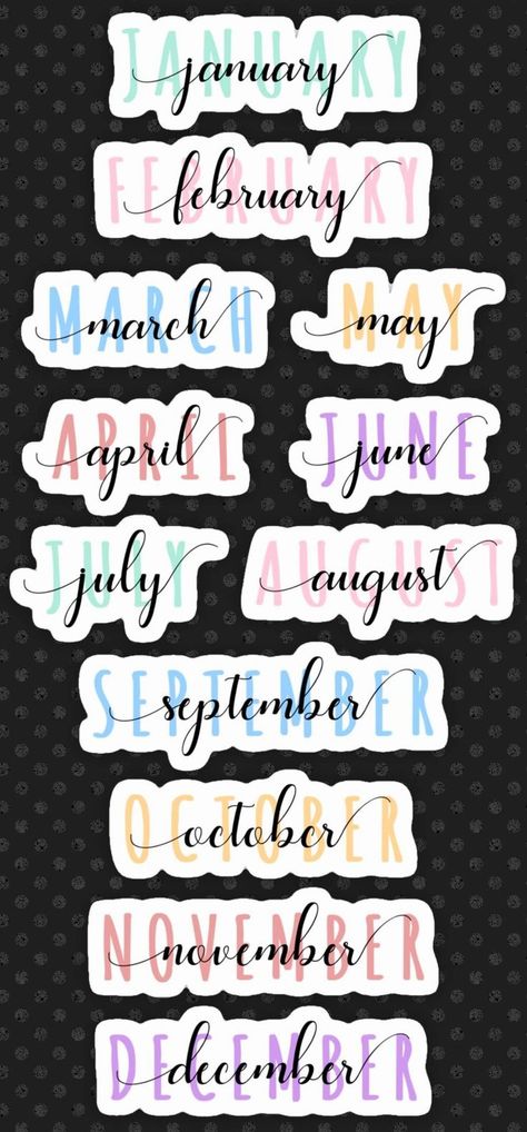 Pastel Calligraphy Months of the year Headers Calligraphy Stickers Printable, Month Calligraphy Hand Lettering, Months Lettering Fonts, Months In Calligraphy Hand Lettering, My Journal Calligraphy, Journal Stickers Drawing Ideas, Months Hand Lettering, Months In Different Fonts, May In Different Fonts