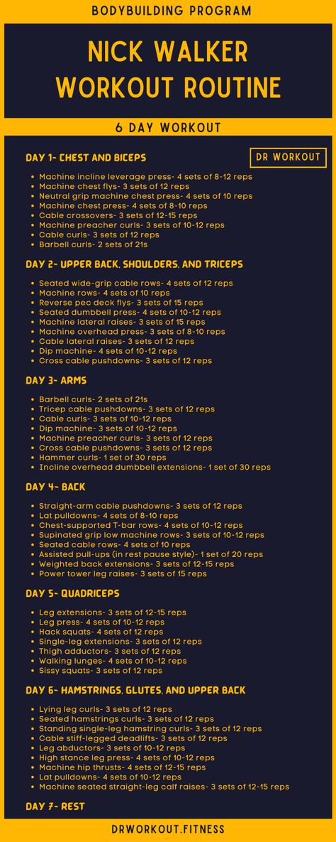 Nick Walker’s Workout Routine Total Body Workout Plan, 4 Day Workout, Pull Workout, Push Pull Workout, Arm Workout Gym, Bodybuilding Routines, 7 Day Workout, Nick Walker, Full Body Workout Plan
