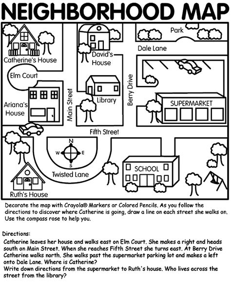 This neighborhood map can be used for teaching map skills to primary age children through relative terms using their own environment. This map can be adapted to teach certain map skills, terms of location, and spatial relationships. Teaching Map Skills, Social Studies Maps, Teaching Maps, Araling Panlipunan, 3rd Grade Social Studies, Kindergarten Social Studies, Map Worksheets, Homeschool Geography, Map Activities