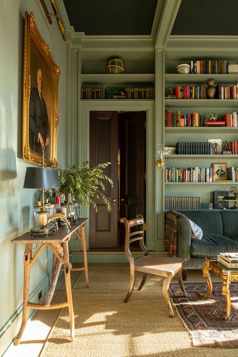 Alecia Stevens Interior Design | Charleston, South Carolina & Minneapolis, Minnesota Stairwell Library, Modern Green Living Room, English Country Decor Living Room, Modern Victorian Interiors, Dark Living Room, Dark Green Living Room, Boho Victorian, Victorian Interior Design, Green Living Room