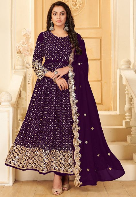 Faux Georgette Anarkali Kameez in Purple This Unstitched Attire with Poly Shantoon Lining is Highlighted with Resham, Zari and Mirror Effect Work Available with a Poly Shantoon Churidar in Purple and a Faux Georgette Dupatta in Purple Do note: Accessories shown in the image are for presentation purpose only.(Slight variation in actual color vs. image is possible). Purple Anarkali, Anarkali Tops, Green Anarkali, Celana Fashion, Floor Length Anarkali, Georgette Anarkali, Gown Suit, Georgette Dupatta, Gaun Fashion