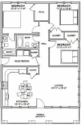 Arched Cabins, 1200 Sq Ft House, 30x40 House Plans, 3 Bedroom Floor Plan, House Plans Open Floor, Roof Pitch, Free House Plans, 2 Bedroom House Plans, Cabin Floor