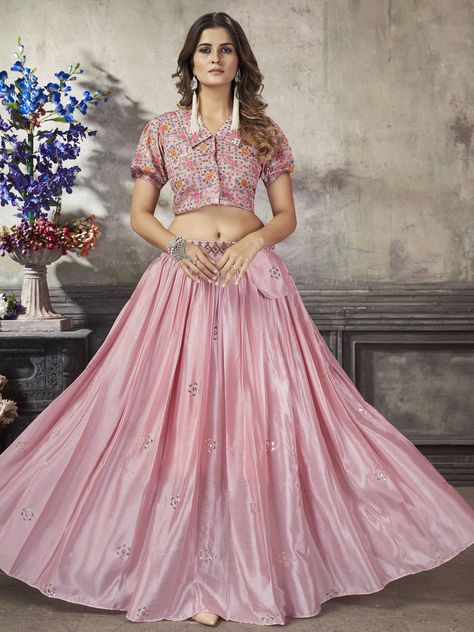 Charming Pink Sequined Silk Ready-To-Wear Crop-Top Lehenga New Lehenga Design, Pink Color Lehenga, Bollywood Designer Sarees, Crop Top Lehenga, Designer Bridal Lehenga Choli, Raw Silk Lehenga, Celebrity Gowns, Bollywood Lehenga, Colorful Crop Tops