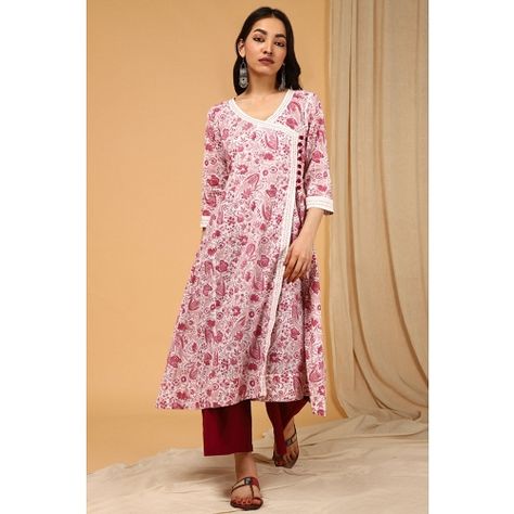 Pink Floral Hand Block Print Angrakha Tunic with Wine Solid Pant - Whats New #pantset #tunic #moderndresses#dresses#mididress#jacket# Kalamkari Designs, Angrakha Style, Long Kurta, Salwar Dress, Cowl Dress, Fashion Design Collection, Purple Pants, Traditional Attire, Stylish Sarees