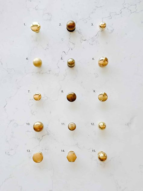 Testing 15 Brass Cabinet Knobs to Find The Best! Cabinet Knobs Gold, Transitional Kitchen Hardware, Antique Brass Kitchen Hardware, Gold Hardware Kitchen, Kitchen Hardware Knobs, Gold Kitchen Hardware, Unlacquered Brass Hardware, Kitchen Knobs And Pulls, Brass Kitchen Hardware