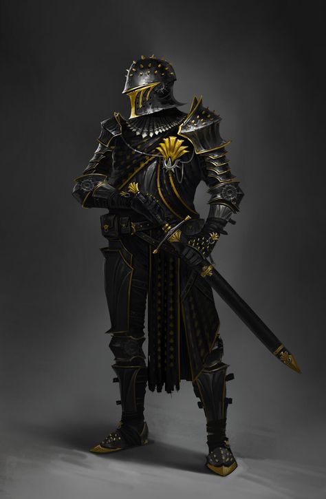 Black and gold, Vladimir Buchyk on ArtStation at https://www.artstation.com/artwork/GXbmB1 Dwendalian Empire, Crusader Knight Tattoo, Black Knight Art, Medieval Tattoo, Knight Tattoo, Black Armor, Crusader Knight, Historical Armor, Armadura Medieval