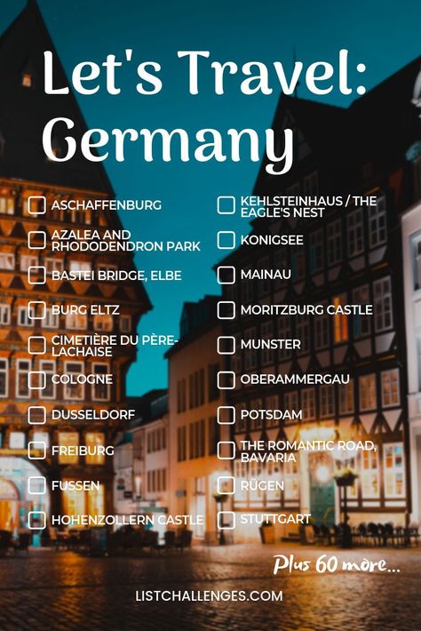 Let's Travel: Germany  How many of these German places have you visited?  How many would you add to your bucket list?  Take the #travelchallenge. Find out how you would rank. The average score is 12 out of these 80 places visited. German Places, Frankfurt Germany Travel, Germany Bucket List, Lets Travel, Travel Trivia, Hohenzollern Castle, Germany Travel Guide, German Travel, Romantic Road