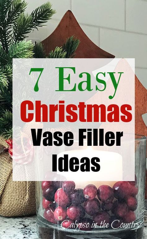 Keep your Christmas decorating simple this year with some easy DIY Christmas decor. Work on one vignette at a time. Fill some vases or glass containers with items from the grocery store or from your Christmas decoration collection. Christmas vase filler ideas include, candles, cranberries, nuts, pine cones, Christmas ornaments and more! See all the creative vase filler ideas on the blog! Vase Decorating Ideas Christmas, Peppermint Vase Filler, Christmas Decor In Vase, Apothecary Jars Christmas, Small Vase Christmas Decor, Vase Inside A Vase, Christmas Decor In Glass Vase, Christmas Bulbs In Vase, Christmas Table Centerpieces Ideas Vases