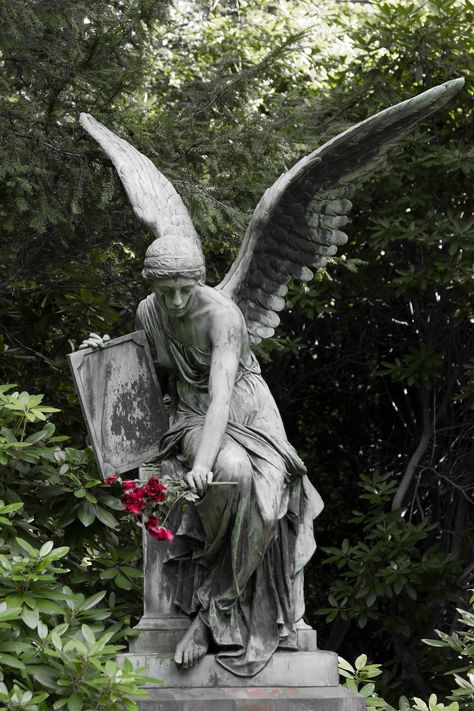 Cemetery Statues Aesthetic, Angel Statue Cemetery, Graveyard Angel Statues, Ancient Angel Art, Overgrown Angel Statue, Angel Statue Graveyard, Cemetery Statues Beautiful, Gothic Garden Statues, Cemetary Angels Statues