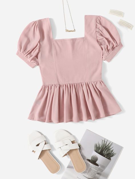 Dusty Pink Casual  Short Sleeve Polyester Plain Peplum Embellished Non-Stretch Summer Women Tops, Blouses & Tee Pink Outfit Summer, Ruffle Hem Blouse, Leather Blouse, Crop Top Pink, Drop Shoulder Shirt, Satin Crop Top, Smock Blouse, Pleat Top, Color Block Top