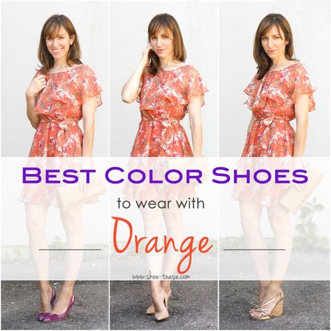 Best Color Shoes with Orange Dresses & Outfits | @ShoeTease Orange Dress Shoes Outfit, Accessories For Orange Dress, Shoes With Orange Dress, Shoes For Orange Dress, Orange Floral Dress Outfit, Orange Dress Accessories, Orange Dress Shoes, Orange Dress Outfit, Orange Dress Outfits
