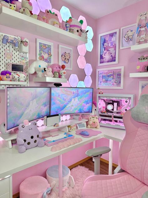 cute setup ideas, pink gaming desk Aesthetic Desk Makeover, Desk Makeover Ideas, Casa Disney, Kawaii Room Ideas, Cute And Aesthetic, Pink Games, Aesthetic Desk, Otaku Room, Gamer Room Decor