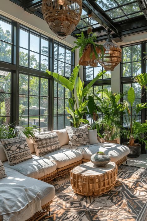 Boho Sunroom tropical plants with a couch Terrace With Windows, Sunroom With Plants And Books, Four Seasons Porch Decor, Bohemian Chic Home Decor, Houses With Sunrooms, Cool Sunroom Ideas, Conservatory Decorating Ideas, Sunroom Interior Ideas, Sunroom Greenhouse Ideas