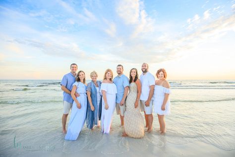 Family Beach Pictures Outfits Pastel, Shades Of Blue Family Photos Beach, Family Beach Pictures Neutral Colors, Blue White Tan Family Pictures, Beach Outfit For Family Pictures, Beige Beach Family Photos, Family Photo Outfits Blues And Neutrals, Beach Family Photos Blue And White, Blue White Khaki Family Pictures Beach